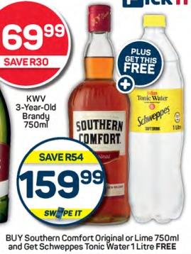 BUY Southern Comfort Original or Lime 750ml and Get Schweppes Tonic Water 1 Litre FREE