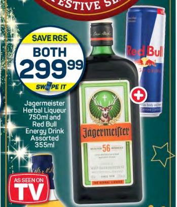 Jagermeister Herbal Liqueur 750ml and Red Bull Energy Drink Assorted 355ml