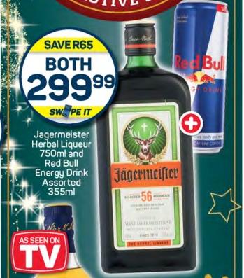 Jagermeister Herbal Liqueur 750ml and Red Bull Energy Drink Assorted 355ml