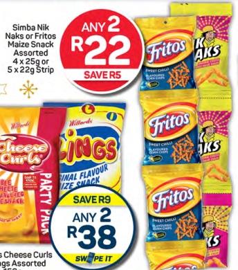 Any 2 Simba Nik Naks Or Fritos Maize Snack Assorted 4x25g or 5x22g Strip