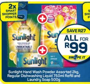 Sunlight Hand Wash Powder Assorted 2kg, Regular Dishwashing Liquid 750ml Refill and Laundry Soap 500g