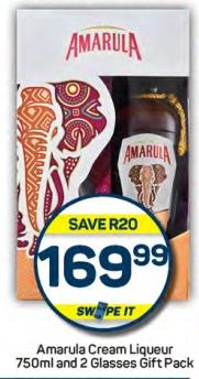 Amarula Cream Liqueur 750ml and 2 Glasses Gift Pack