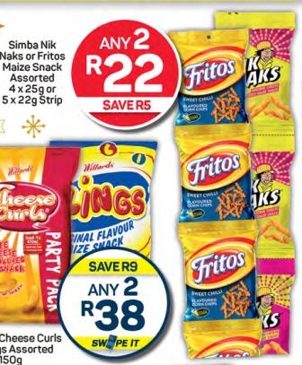 Simba Nik Naks or Fritos Maize Snack Assorted 4x25g or 5x22g Strip Any 2