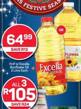 PnP or Excella Sunflower Oil 2 Litre Each