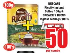 NESCAFÉ Ricoffy Instant Coffee 100g & BREWER'S BLEND Tagless Teabags 100's