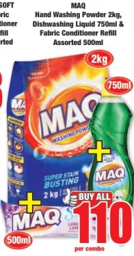 MAQ Washing Powder 2kg + MAQ Liquid 750ml & Fabric Conditioner Refill Assorted 500ml