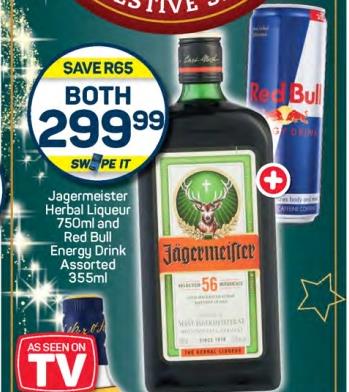 Jagermeister Herbal Liqueur 750ml and Red Bull Energy Drink Assorted 355ml