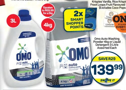 Omo Auto Washing Powder 4kg or Liquid Detergent 3 Litre Assorted Each