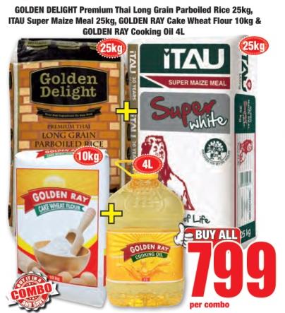 GOLDEN DELIGHT Premium Thai Long Grain Parboiled Rice 25kg, ITAU Super Maize Meal 25kg, GOLDEN RAY Cake Wheat Flour 10kg & GOLDEN RAY Cooking Oil 4L