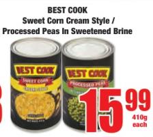 BEST COOK Sweet Corn Cream Style / Processed Peas In Sweetened Brine 410g