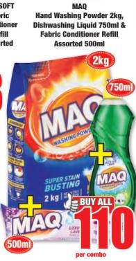 MAQ Hand Washing Powder 2kg, Dishwashing Liquid 750ml & Fabric Conditioner Refill Assorted 500ml