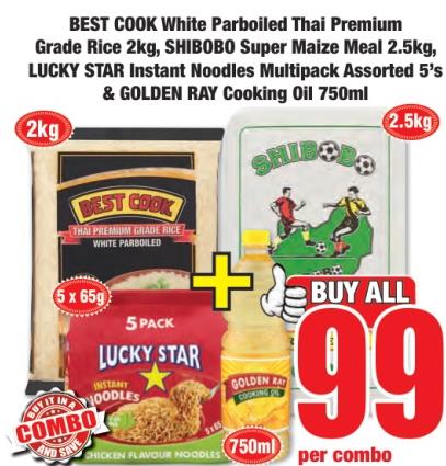 BEST COOK White Parboiled Thai Premium Grade Rice 2kg, SHIBOBO Super Maize Meal 2.5kg, LUCKY STAR Instant Noodles Multipack Assorted 5's & GOLDEN RAY Cooking Oil 750ml