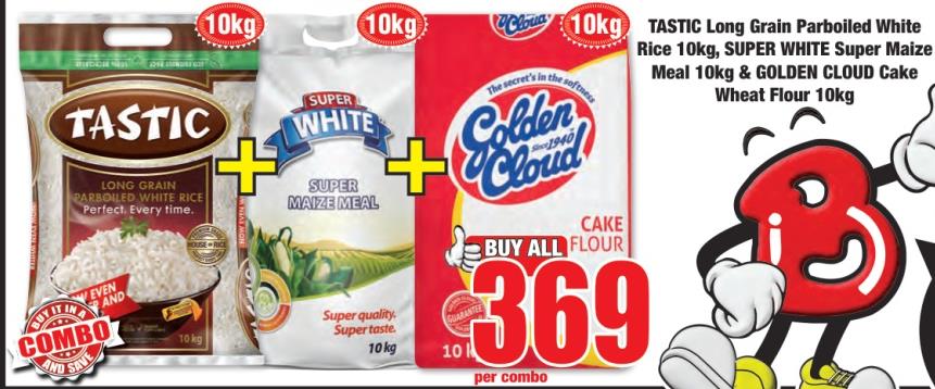 TASTIC Long Grain Parboiled White Rice 10kg, SUPER WHITE Super Maize Meal 10kg & GOLDEN CLOUD Cake Wheat Flour 10kg