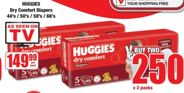 Huggies Dry Comfort Diapers 44's / 50's / 58's / 66's