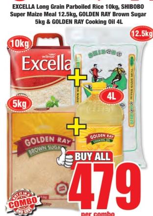 EXCELLA Long Grain Parboiled Rice 10kg, SHIBOBO Super Maize Meal 12.5kg, GOLDEN RAY Brown Sugar 5kg & GOLDEN RAY Cooking Oil 4L