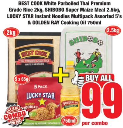 BEST COOK White Parboiled Thai Premium Grade Rice 2kg, SHIBOBO Super Maize Meal 2.5kg, LUCKY STAR Instant Noodles Multipack Assorted 5's & GOLDEN RAY Cooking Oil 750ml