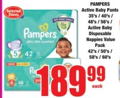 Pampers Active Baby Pants 35's/40's/48's/56's/ Active Baby Disposable Nappies Value Pack 42's/50's/58's/60's