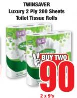 TWINSAVER Luxury 2 Ply 200 Sheets Toilet Tissue Rolls 2x9's