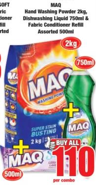 MAQ Hand Washing Powder 2kg, Dishwashing Liquid 750ml & Fabric Conditioner Refill Assorted 500ml