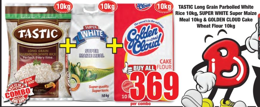 TASTIC Long Grain Parboiled White Rice 10kg, SUPER WHITE Super Maize Meal 10kg & GOLDEN CLOUD Cake Wheat Flour 10kg  