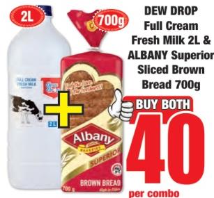 DEW DROP Full Cream Fresh Milk 2L & ALBANY Superior Sliced Brown Bread 700gm 