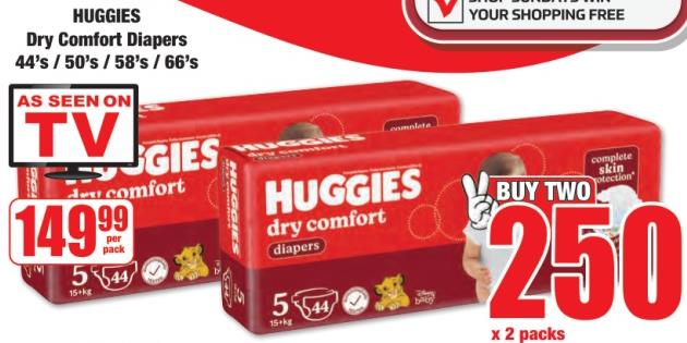 Huggies Dry Comfort Diapers 44's / 50's / 58's / 66's 