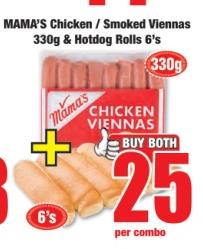 MAMA'S Chicken / Smoked Viennas 330g & Hotdog Rolls 6's 