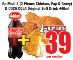 Go Meal 2 (2 Pieces Chicken, Pap & Gravy) & COCA COLA Original Soft Drink 440 ml 