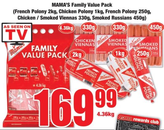 MAMA'S Family Value Pack (French Polony 2kg, Chicken Polony 1kg, French Polony 250g, Chicken / Smoked Viennas 330g, Smoked Russians 450g)