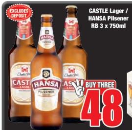 CASTLE Lager / HANSA Pilsener RB 3x750 ml 