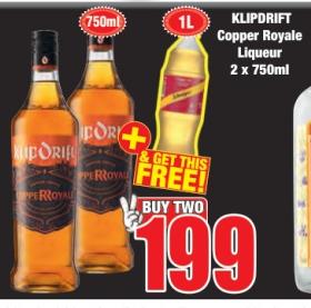 KLIPDRIFT Copper Royale Liqueur 2 x 750ml  + Schweppes 1L