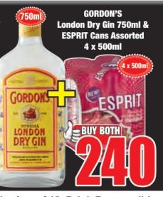 Gordon's London Dry Gin 750ml & ESPRIT Cans Assorted 4 x 500ml 