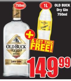 OLD BUCK Dry Gin 750ml with Schweppes 1L free 