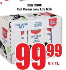 DEW DROP Full Cream Long Life Milk 6 x 1L 