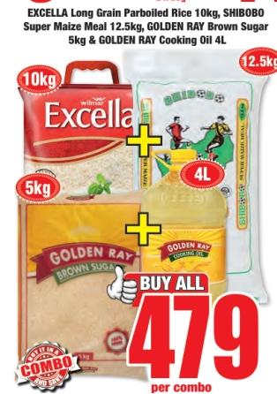 EXCELLA Long Grain Parboiled Rice 10kg , Shibobo Super Maize Meal 12.5 kg , Golden Ray Brown Sugar 5 kg, Golden Ray Cooking Oil 4L 