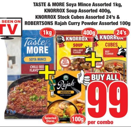 TASTE & MORE Soya Mince Assorted 1 kg, KNORROX Soup Assorted 400 gm , KNORROX Stock Cubes Assorted 24;s , ROBERTSONS Rajah Curry Powder 100gm  Assorted 