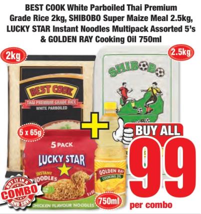 Best Cook White Parboiled Thai Premium Grade Rice 2 kg ,Shibobo Super Maize meal 2.5 kg , Lucky Star Instant Noodles Mulitpack Assorted 5's & Golden Ray Cooking oil 750 ml 