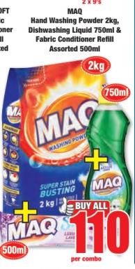 MAQ Hand Washing Powder 2kg, Dishwashing Liquid 750ml & Fabric Conditioner Refill Assorted 500ml 