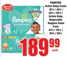 PAMPERS Active Baby Pants 35's / 40's / 48's / 56's / Active Baby Disposable Nappies Value Pack 42's / 50's / 58's / 60's 