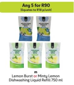 Any 5 M Lemon Burst or Minty Lemon Dishwashing Liquid Refill 750 ml