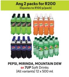 Any 2 PEPSI, MIRINDA, MOUNTAIN DEW or 7UP Soft Drinks (All variants) 12 x 500 ml