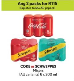 Any 2 Coke or Schweppes Mixers (All variants) 6x200ml