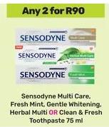 Any 2 Sensodyne Multi Care, Fresh Mint, Gentle Whitening, Herbal Multi OR Clean & Fresh Toothpaste 75 ml