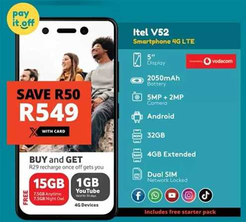 Itel V52 Smartphone 4G LTE, 5" Display, 2050mAh Battery, 5MP + 2MP Camera, Android, 32GB Storage, 4GB Extended RAM, Dual SIM, Network Locked, Includes free starter pack