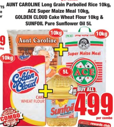 AUNT CAROLINE Long Grain Parboiled Rice 10kg, ACE Super Maize Meal 10kg, GOLDEN CLOUD Cake Wheat Flour 10kg & SUNFOIL Pure Sunflower Oil 5L