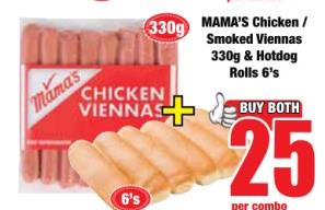 MAMA'S Chicken / Smoked Viennas 330g & Hotdog Rolls  6's