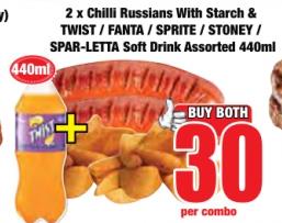 2 x Chilli Russians With Starch & Soft Drink Assorted 440ML