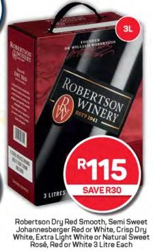 Robertson Dry Red Smooth, Semi Sweet Johannesberger Red or White, Crisp Dry White, Extra Light White or Natural Sweet Rosé, Red or White 3 Litre Each