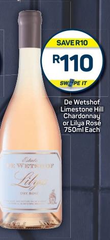 De Wetshof Limestone Hill Chardonnay or Lilya Rosé 750ml Each 