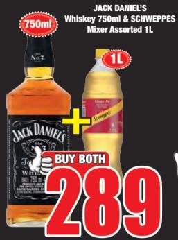 JACK DANIEL'S Whiskey 750ml & SCHWEPPES Mixer Assorted 1L